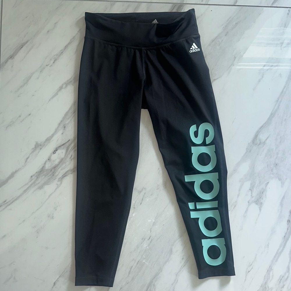 Adidas Black Leggings with Teal Branding and Wide Waistband